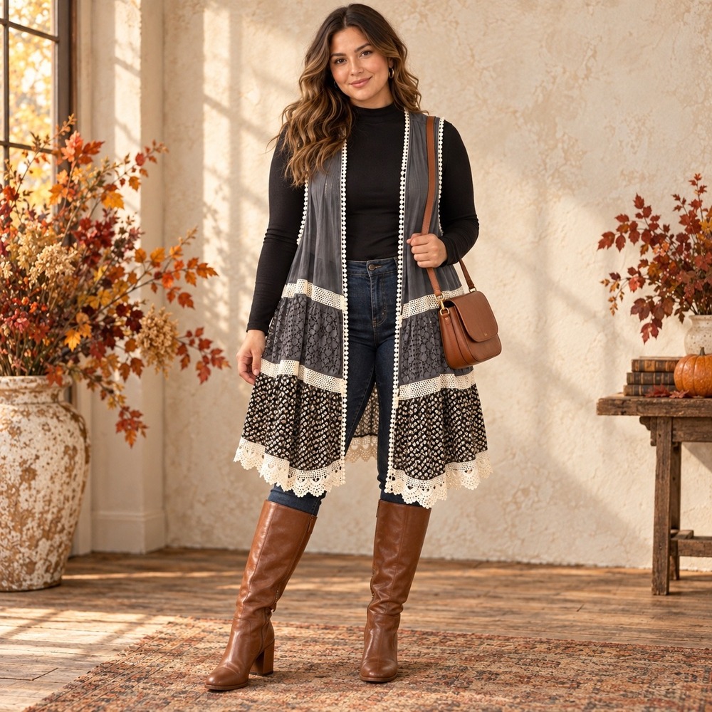 Easel Boho Patchwork Lace Tiered Duster Vest L Lagenlook Prairie Cottagecore